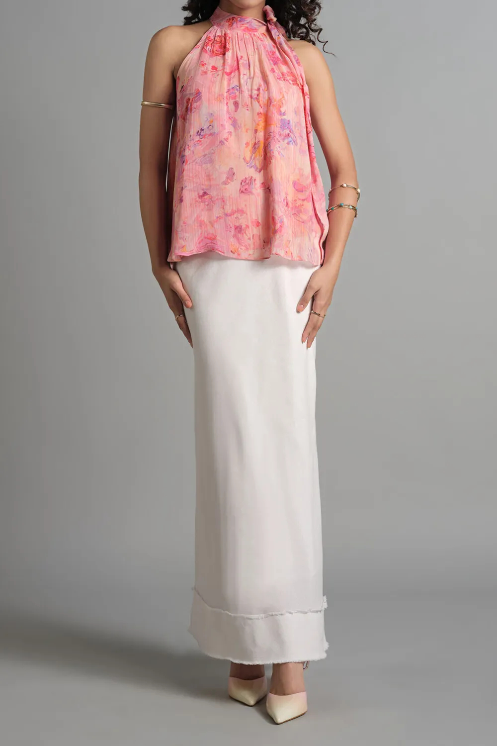 Pink Bow Neck Floral Top