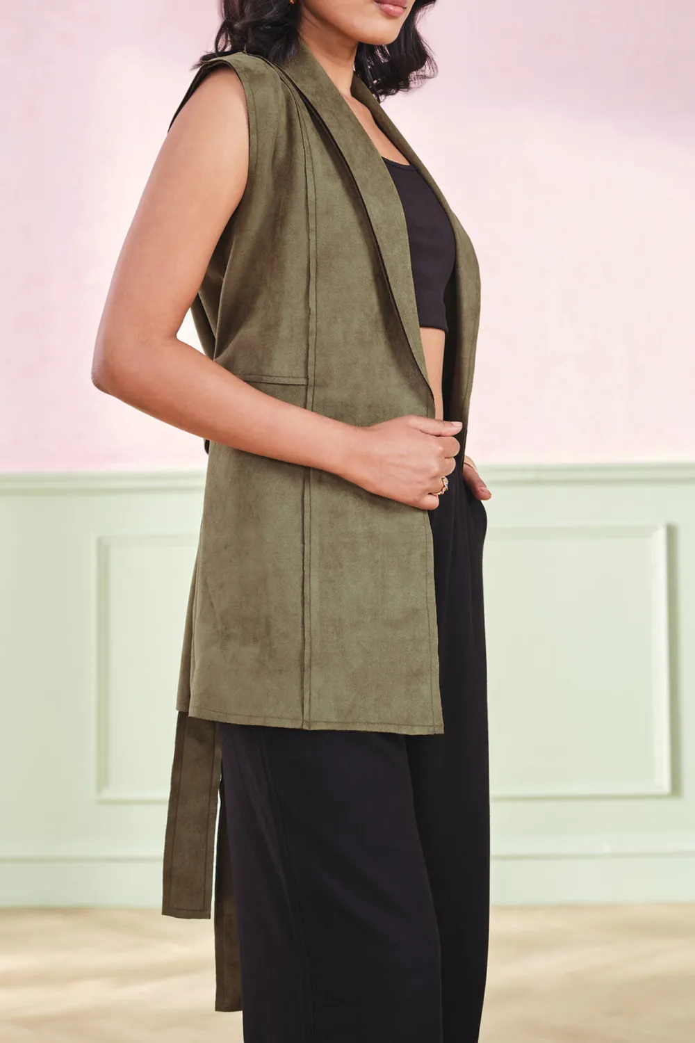 Olive Sleeveless Casual Style Outerwear