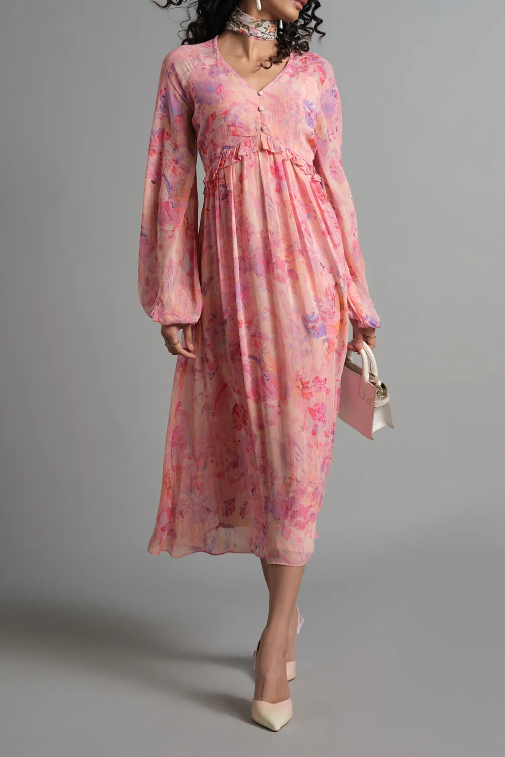 V-Neck Casual Style Pink Dress